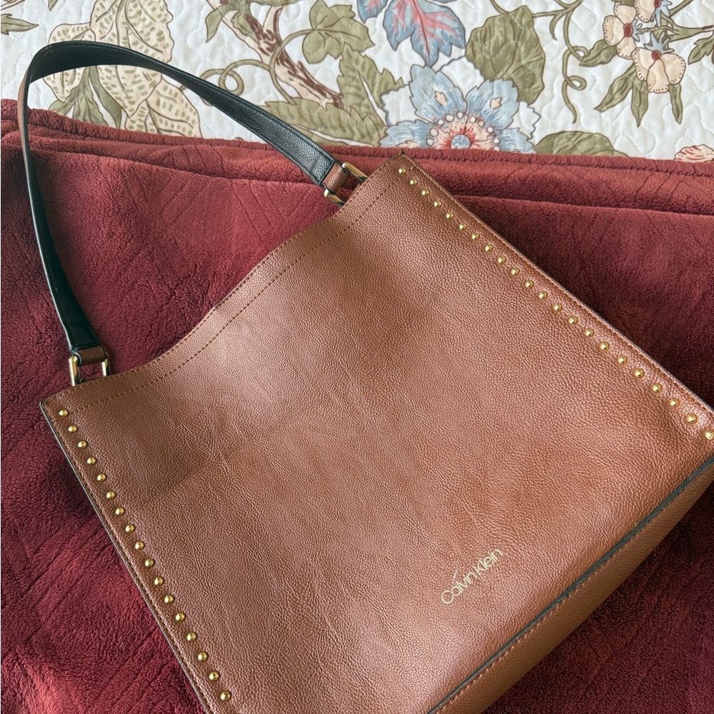 Calvin Klein Tan Leather Tote with Black Handles